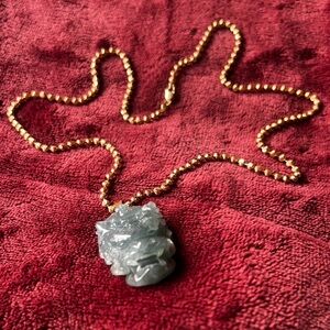 14K SOLID YELLOW GOLD BALL CHAIN w.ICE BLUE JADE HAND CARVED 🐉 PENDANT✨